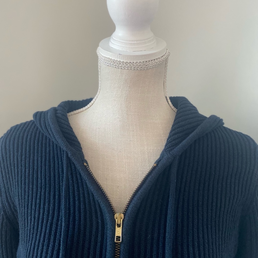EUC Lauren Ralph Lauren Navy Cotton Ribbed Nautical Hooded Zip Front Cardigan - Picture 2 of 8